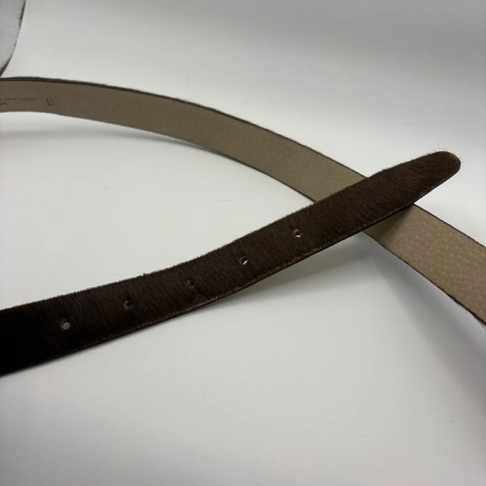 Vtg Halston Dark Brown Calf Hair Leather Belt Solid Brass Buckle Made in USA LG